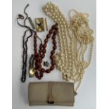 A Fiorelli purse together with a small quantity of jewellery including a silver bar brooch, faux