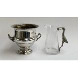 A plated twin handled wine cooler, 21cmH, together with a water jug with white metal crane handle
