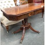 A Regency card table, foldover top with canted corners, apron with inlaid decoration, on a ring