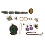 A mixed lot of jewellery to include a 925 silver filigree panel bracelet set with Eilat stone