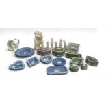 A small lot of Wedgwood Jasper ware, blue and green, together with several white bisque figures