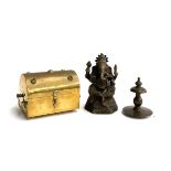 A small brass coffer, lid set with 5 stones, 14cmW, a bronze figure of Ganesh, 15.5cmH and a small