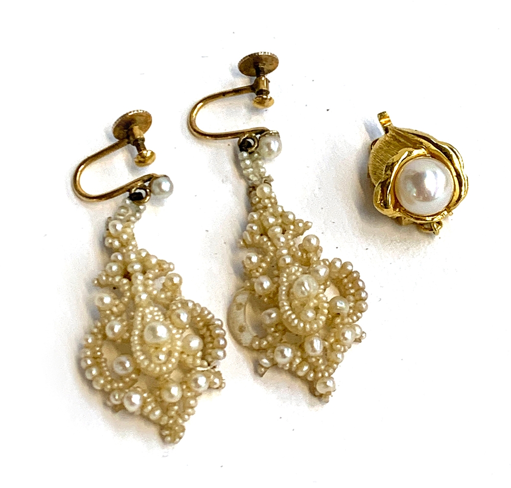 A pair of pearl work earrings with 9ct gold screw backs (af); together with a 14ct gold and pearl