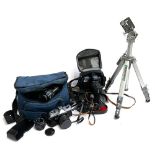 A mixed lot of photographic equipment to include Nikon f70 in Lowepro case, Prinzlux 7x50mm