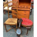 An oval burr walnut veneer stool; with shell capped cabriole legs; ladderback chair; and oak