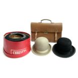 Three felt bowler hats in a red Christy's hat box, together with a pigskin leather satchel