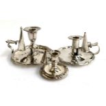 Three plated candlestick holders with snuffers