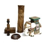 A mixed lot of items to include a carved oriental figure of a mermaid, ceramic elephant etc