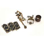 A small lot to include metal brutalist bangle; rosary with French gilt metal Mysteries of the Rosary