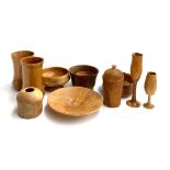 A further box of turned wooden bowls and vases