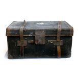 A Victorian leather and canvas travel trunk, some travel stickers, marked C.G, 78x50x38cmH