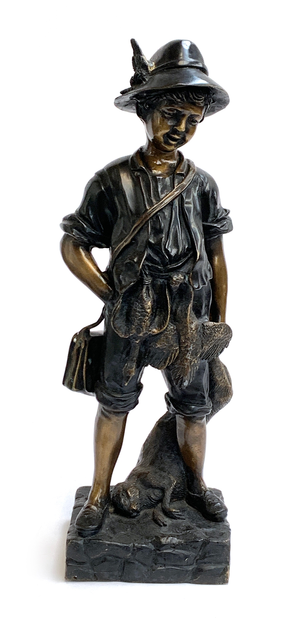 After August Moreau, a bronze statue of a young hunter with quarries, 51.5cm