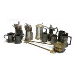 A mixed lot of pewter and plated items to include a Sellangor pewter lidded tankard, brass