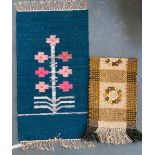A very small prayer mat, blue ground with pink floral design to centre, 72x40; together with one
