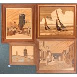 Four parquetry panels by G Long, 2 street scenes, sailing dinghys and Windmill by the sea, 3 are