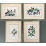 A set of 4 Chinese gouache on parchment, 3 floral studies and birds on rocks, each approx. 27x18cm