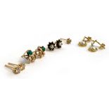 A pair of 9ct gold and turquoise floral stud earrings; together with one further 9ct and pearl pair;