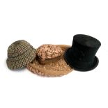 A silk top hat by Christy's of London (af); together with a deerstalker and a pink ladies hat