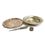 A shaped plated salver, 31cmD, together with plated bowl, silver napkin ring and plated letter