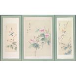 Three Chinese paintings on silk, two depicting songbirds on prunus and a grasshopper on bindweed,