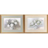I M Dunstan, a pair of still lives of white roses, watercolour, each 25x35cm, together with one