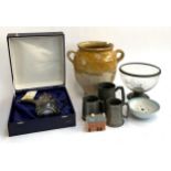 A silver plated coffee pot, together with a glazed stoneware jar, pewter tankard, shaving dish etc