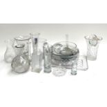 A mixed lot of glass and cut glass to include cut glass bowls, spill vases, jug etc