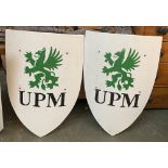 A pair of canvas covered wooden shields painted with green dragons, monogrammed UPN, each approx.