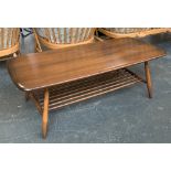An Ercol mid century elm coffee table, with slatted undershelf, 104x46x36cmH
