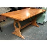 A solid beech kitchen table on refectory style base, 160x88x76cmH