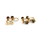 A pair of 9ct gold, diamond and sapphire screw back earrings; together with a pair of 9ct gold and
