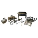 A mixed lot of plated items to include a six division toast rack, filigree basket, etc