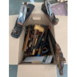 A good mixed lot of hand tools, to include two Stanley Bailey planes, no. 5 1/2 and no.3; hammers;
