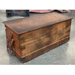 A teak travel trunk, with visible dovetails and metal bracing, 100x45x45cm