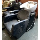 A black vinyl barbers chair, with large ceramic wash basin and fittings, 70cmW