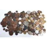 A mixed lot of British and foreign coins to include Farthing 1861, 1897, 1900, half penny, one