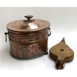 A hammered copper oval coal bucket with lid, together with a set of oak and leather British alcosa