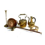 A quantity of brass and copper items to include very large ladle, the bowl 20cmD, kettle, coffee