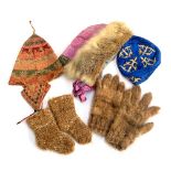 A silk and rabbit fur hood; Perivian hat; possibly mohair gloves; blue cap; Danish clogs etc