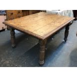 A Victorian pine farmhouse table on substantial turned and fluted legs, 138x106x66cmH