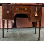 A small Regency mahogany bowfront sideboard, strung and crossbanded top, over central drawer,