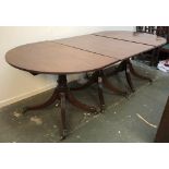 A 19th century mahogany D end five sectioned extendable dining table, on three pedestal bases,