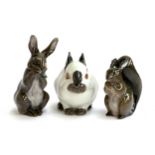 Three Royal Copenhagen figures, hare no. 1019, 9cmH, white rabbit no. 4705, squirrel no. 982