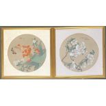 Four circular Chinese paintings on silk depicting butterflies and Chrysanthemum, 37cmD (2), 30cmD (