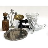 A mixed lot to include a set of Librasco kitchen scales, cut glass cornucopia, plated salver etc