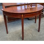 A 19th century mahogany demilune table, with marquetry inlay and stringing, on square tapered