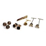 Three 9ct gold and mother of pearl studs, together with a pair of 9ct gold cufflinks, etc