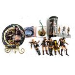 A quantity of Xena warrior princess merchandise to include shot glasses, plate, actions figures,