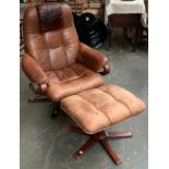 A mid century leather reclining swivel chair and matching footstool