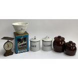 A small lot of kitchenalia to include 2 Prince of wares enamel storage jars (rice and sultanas),